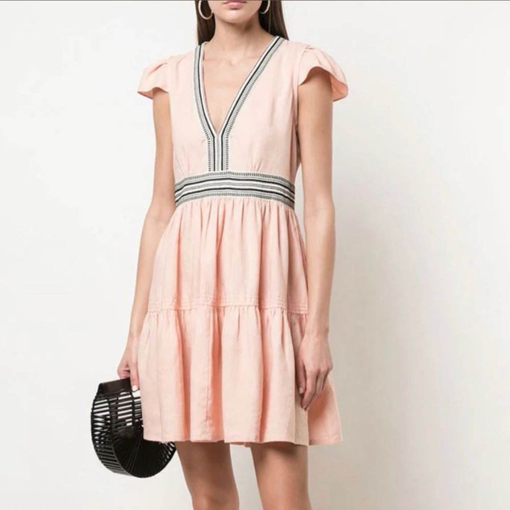 NWOT LEMLEM Koki flutter sleeve dress, Coral, woven accent,‎ V-neck, ruffled
